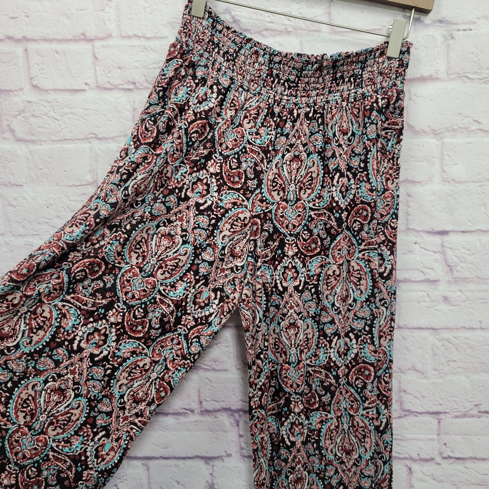 Mossimo Supply Co Boho Paisley Wide Leg Pants L Smocked Waist Stretch Hippie Y2K - Picture 3 of 9